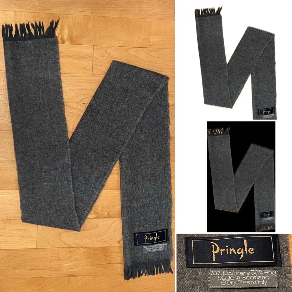 🐑Cashmere & Wool Charcoal Fringed Vintage Short & Narrow Scarf Pringle Scotland